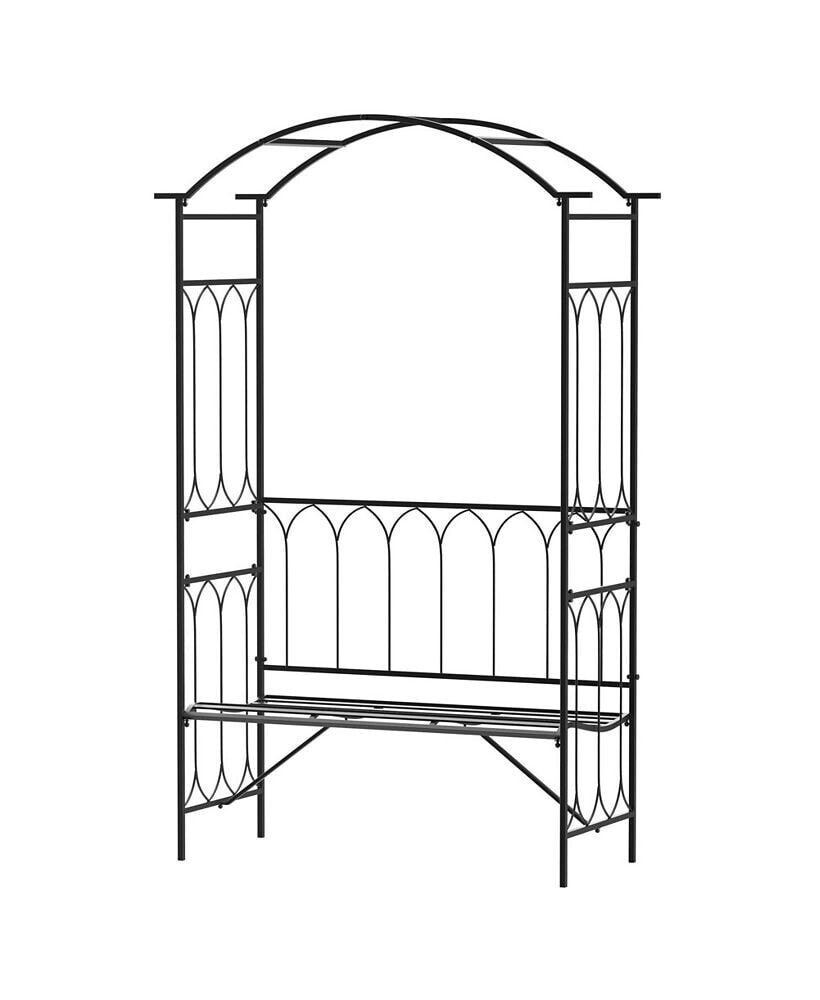 Outsunny 45” Steel Metal Outdoor Garden Arbor Archway with Bench Seating Black