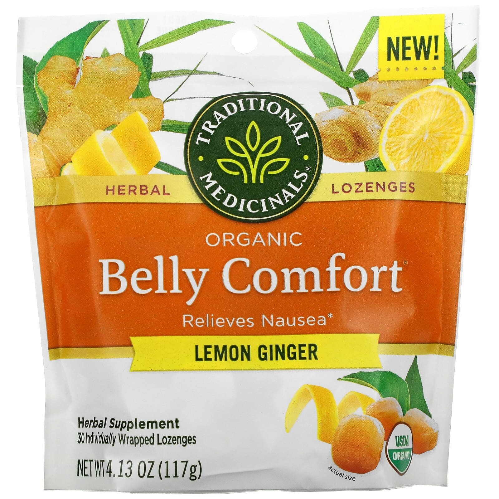 Традитионал Медисиналс, Organic Belly Comfort, лимон и имбирь, 30 леденцов в индивидуальной упаковке