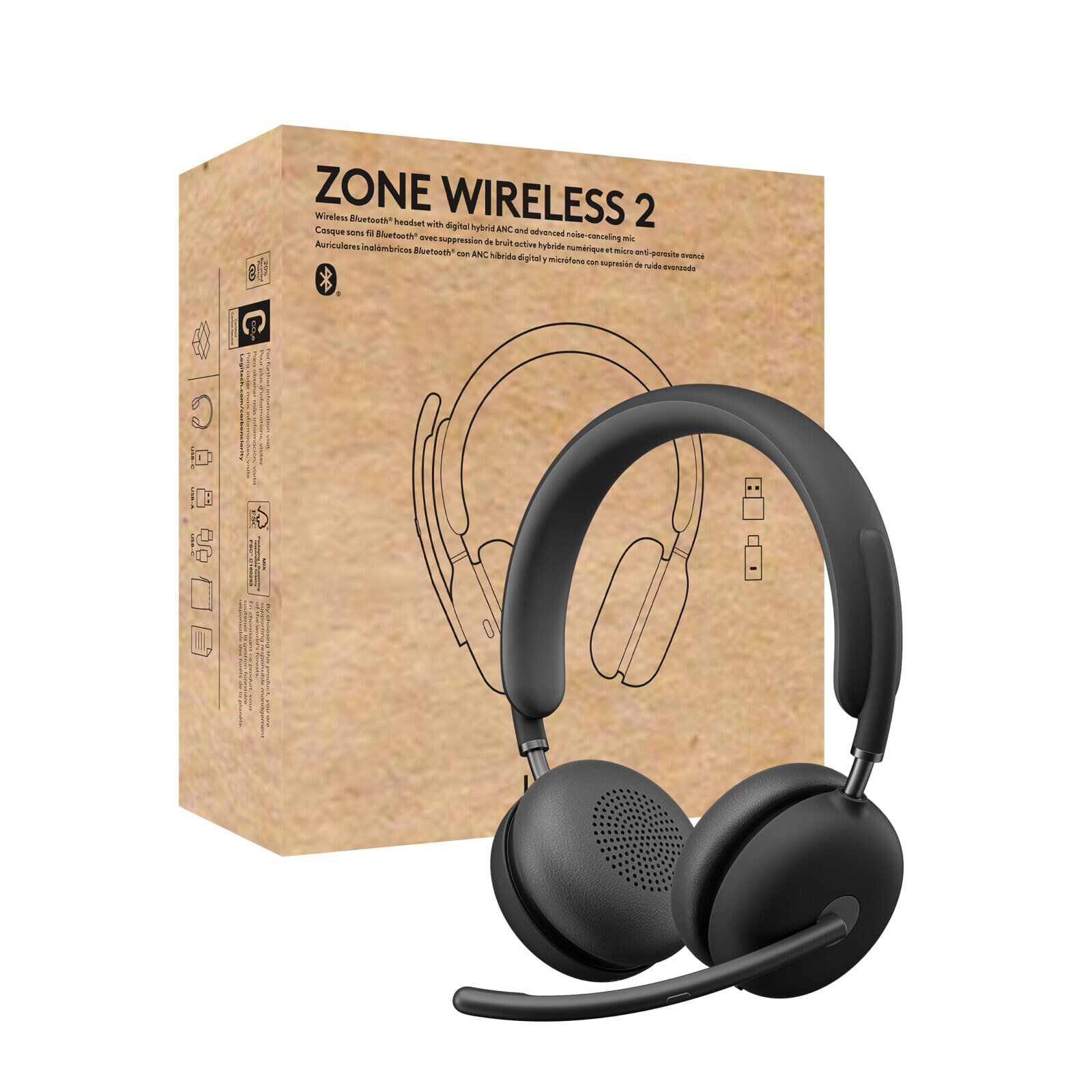 Logitech Zone Wireless 2 Гарнитура Проводной и беспроводной Оголовье Офис/колл-центр USB Type-C Bluetooth Графит 981-001311