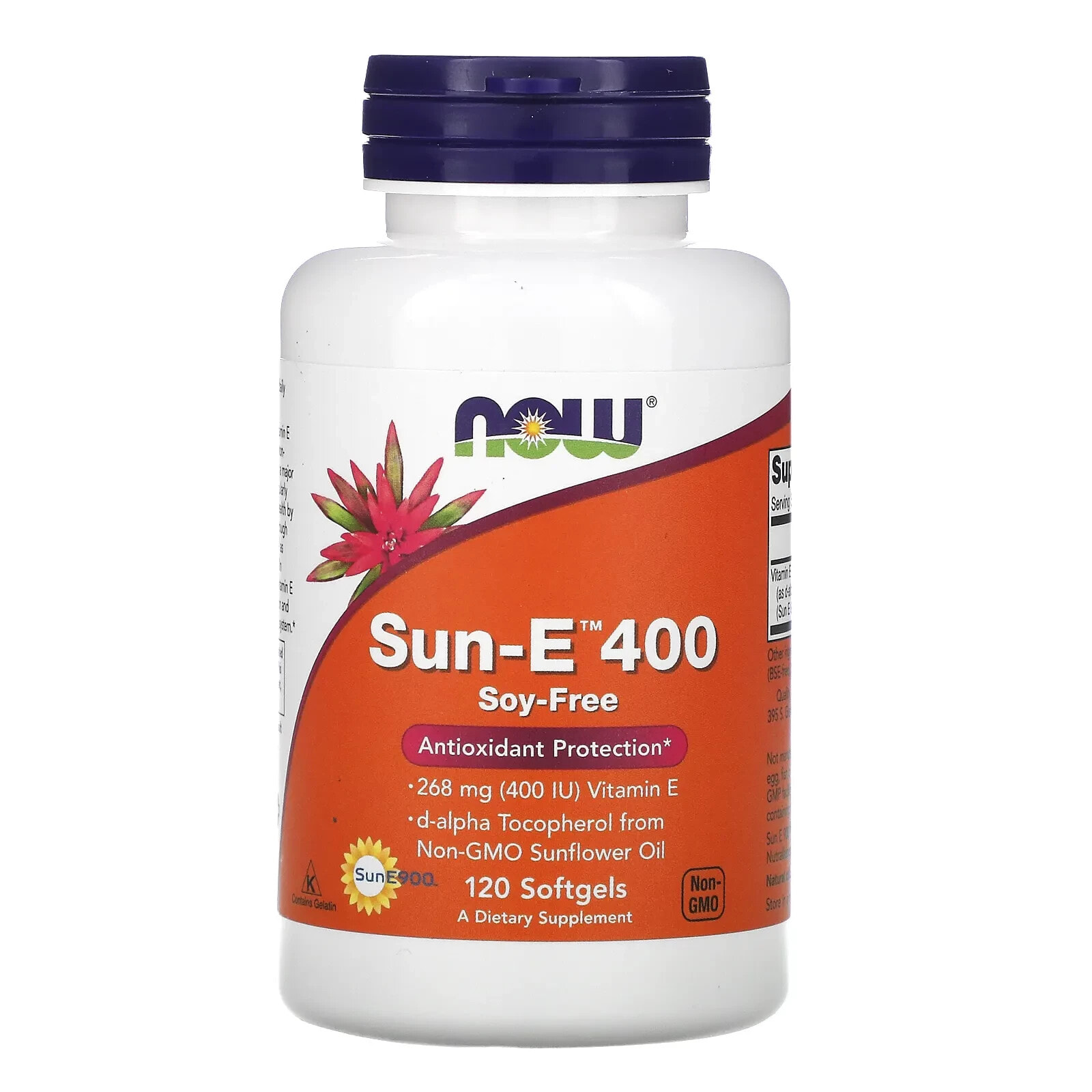 NOW Foods Sun-E  Витамин Е полученный из подсолнечного масла для поддержания здоровья сосудистой системы и иммунитета Без сои и ГМО 10 гелевых капсул