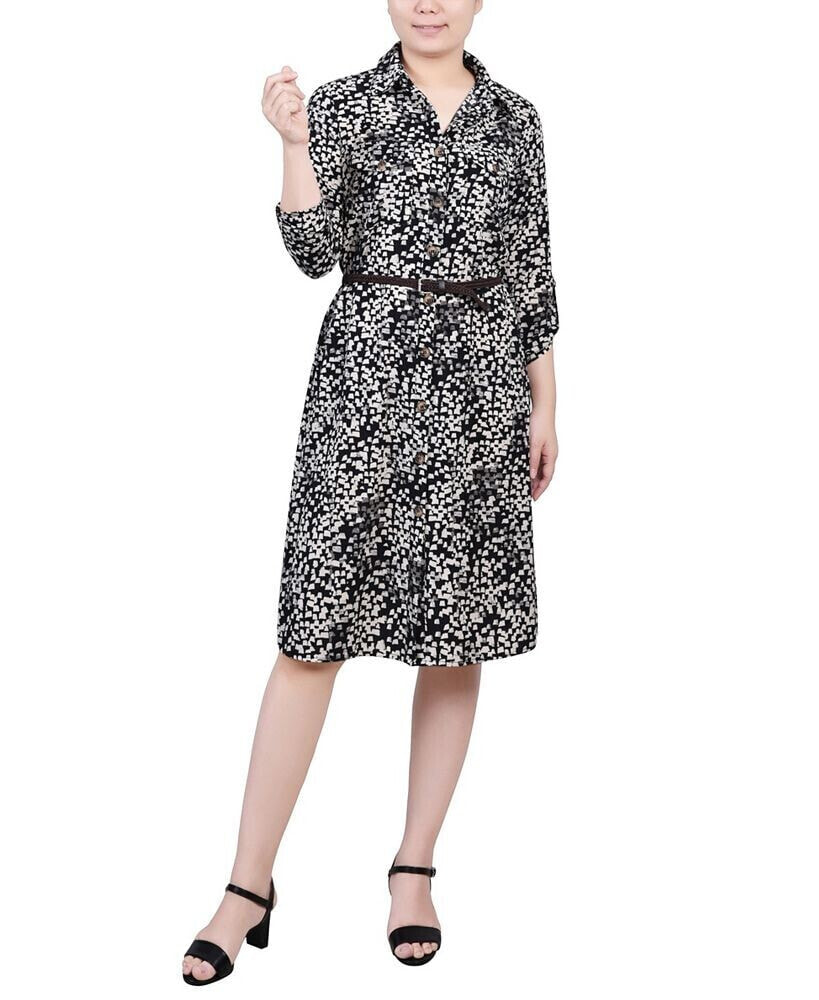 NY Collection petite 3/4 Roll Tab Sleeve Shirtdress