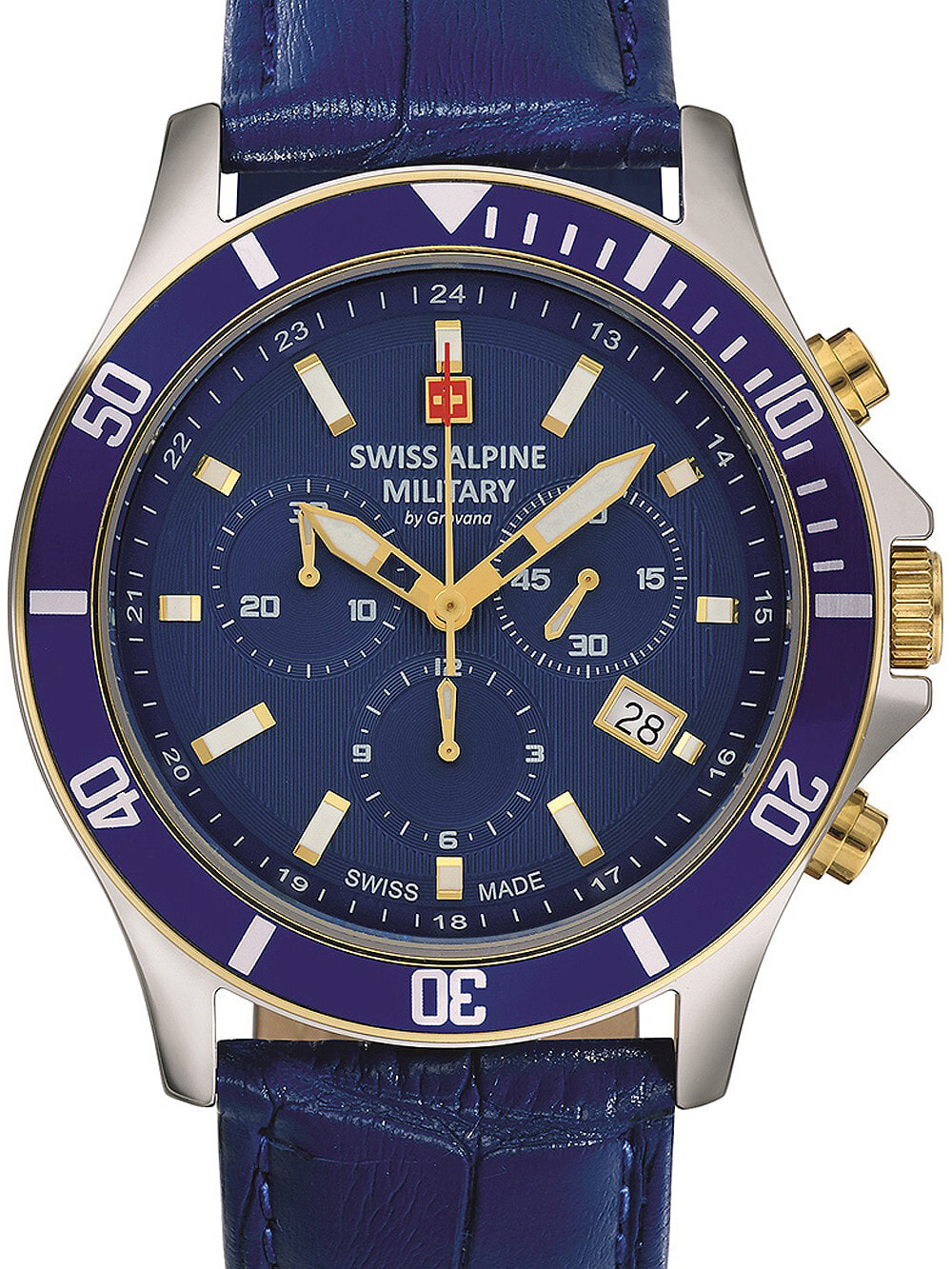 Мужские наручные часы с синим кожаным ремешком Swiss Alpine Military 7022.9545 chronograph 42mm 10ATM