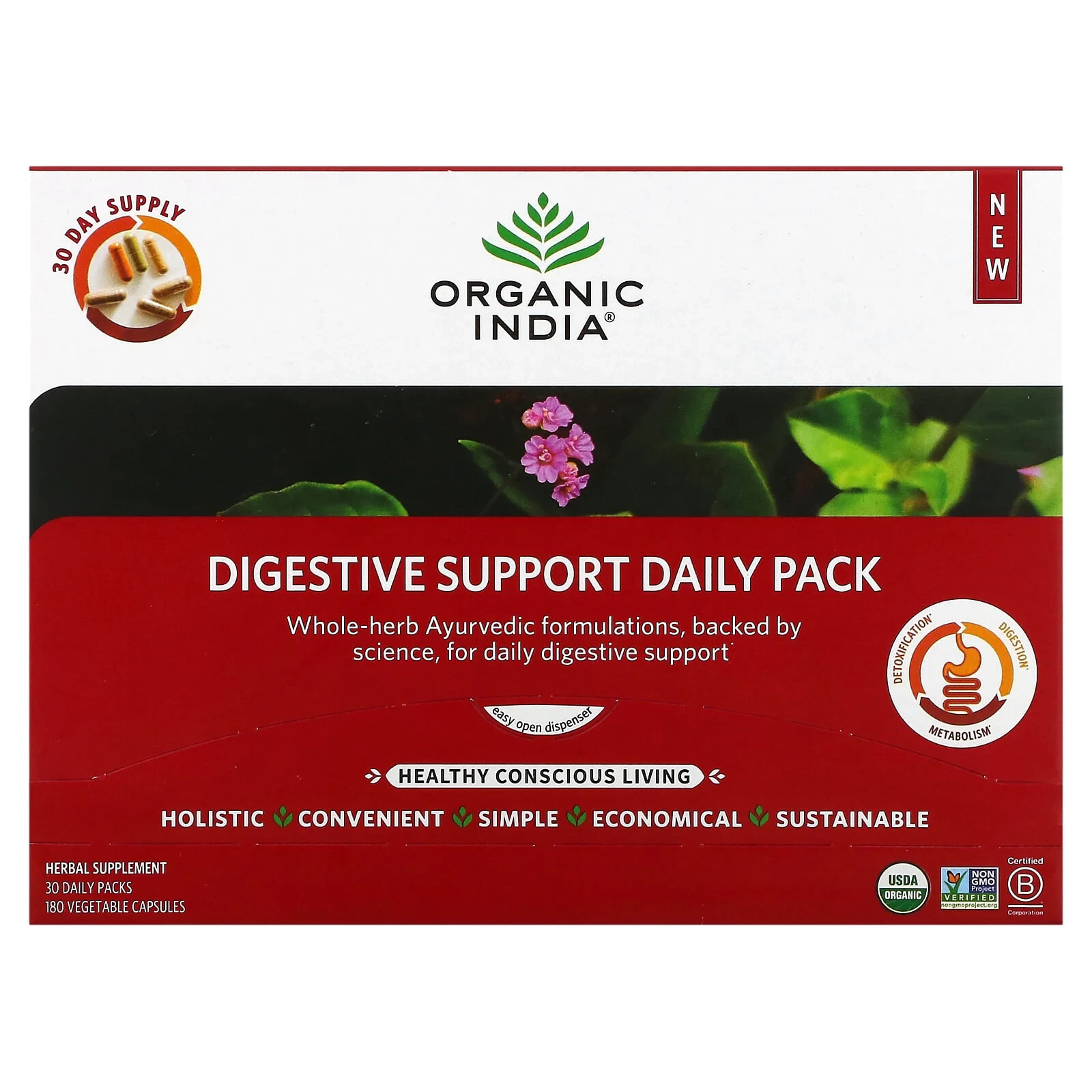 Organic India, Ежедневный пакет для поддержки пищеварения, 30 ежедневных пакетиков, 180 растительных капсул
