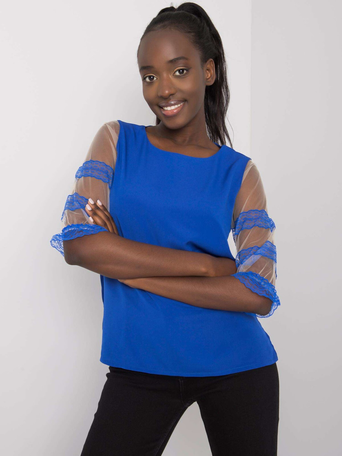Женская блузка с удлиненным полупрозрачным рукавом темно-синяя Factory Price