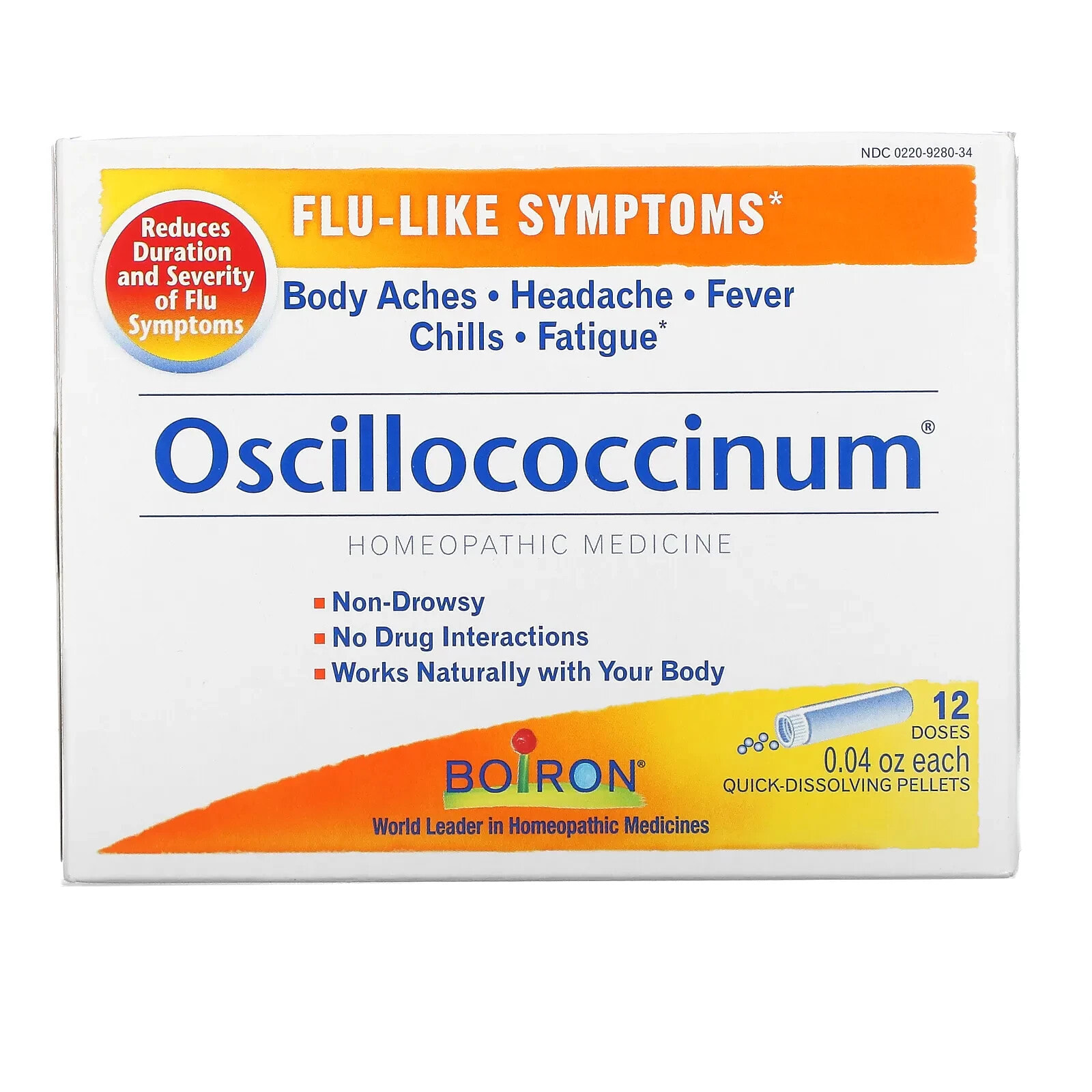 Oscillococcinum, Flu-Like Symptoms, 12 Quick-Dissolving Pellets , 0.04 oz Each
