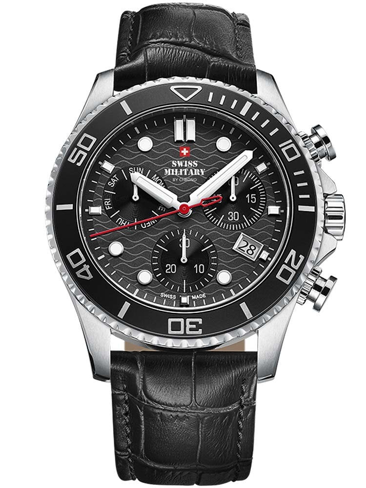 Мужские наручные часы с черным кожаным ремешком Swiss Military SM34051.04 Chronograph 46mm 10 ATM