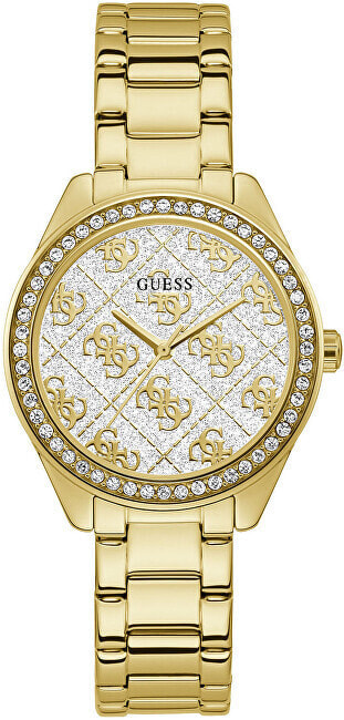 Женские часы аналоговые со стразами на циферблате золотистые Guess