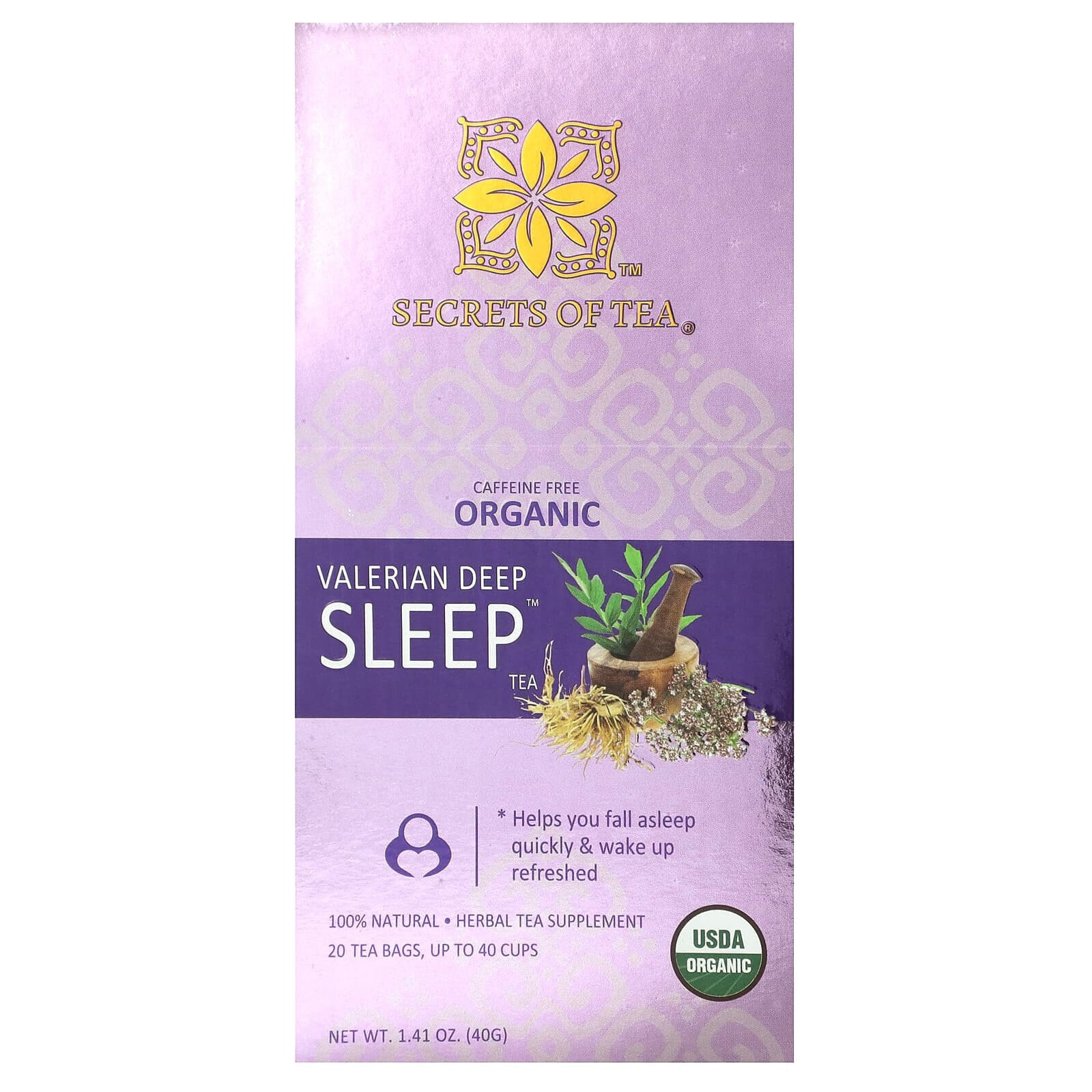 Secrets of Tea, Organic Valerian Deep Sleep Tea, Caffeine Free, 20 Tea Bags, 1.41 oz (40 g)