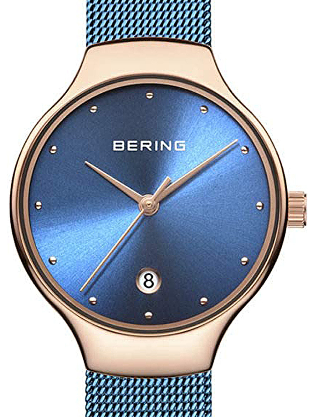Женские наручные кварцевые часы Bering синие с браслетом миланского плетения