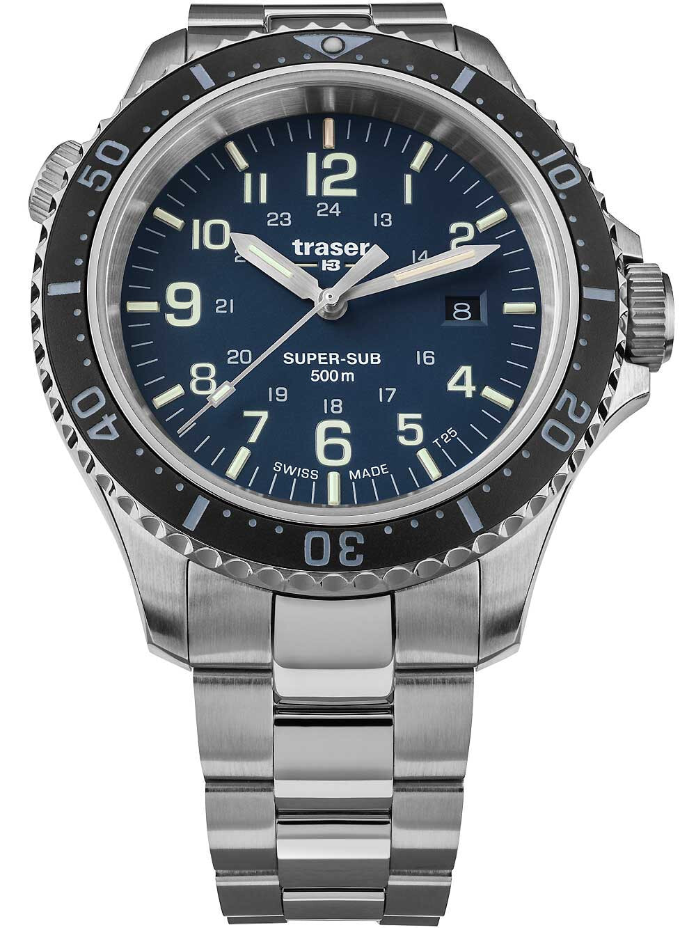 Мужские наручные часы с серебряным браслетом Traser H3 109375 P67 T25 SuperSub blue 46 mm diver 50ATM