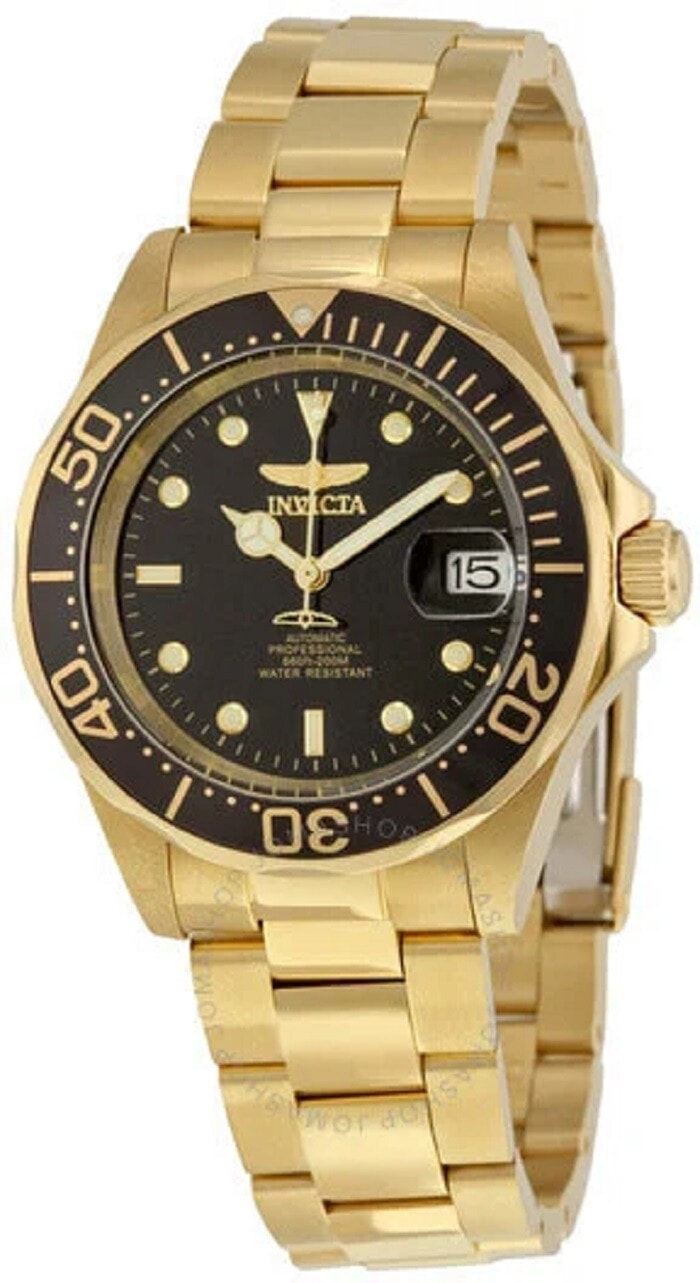 Мужские наручные часы с золотым браслетом Invicta Pro Diver Automatic Black Dial Gold-plated Mens Watch 8929