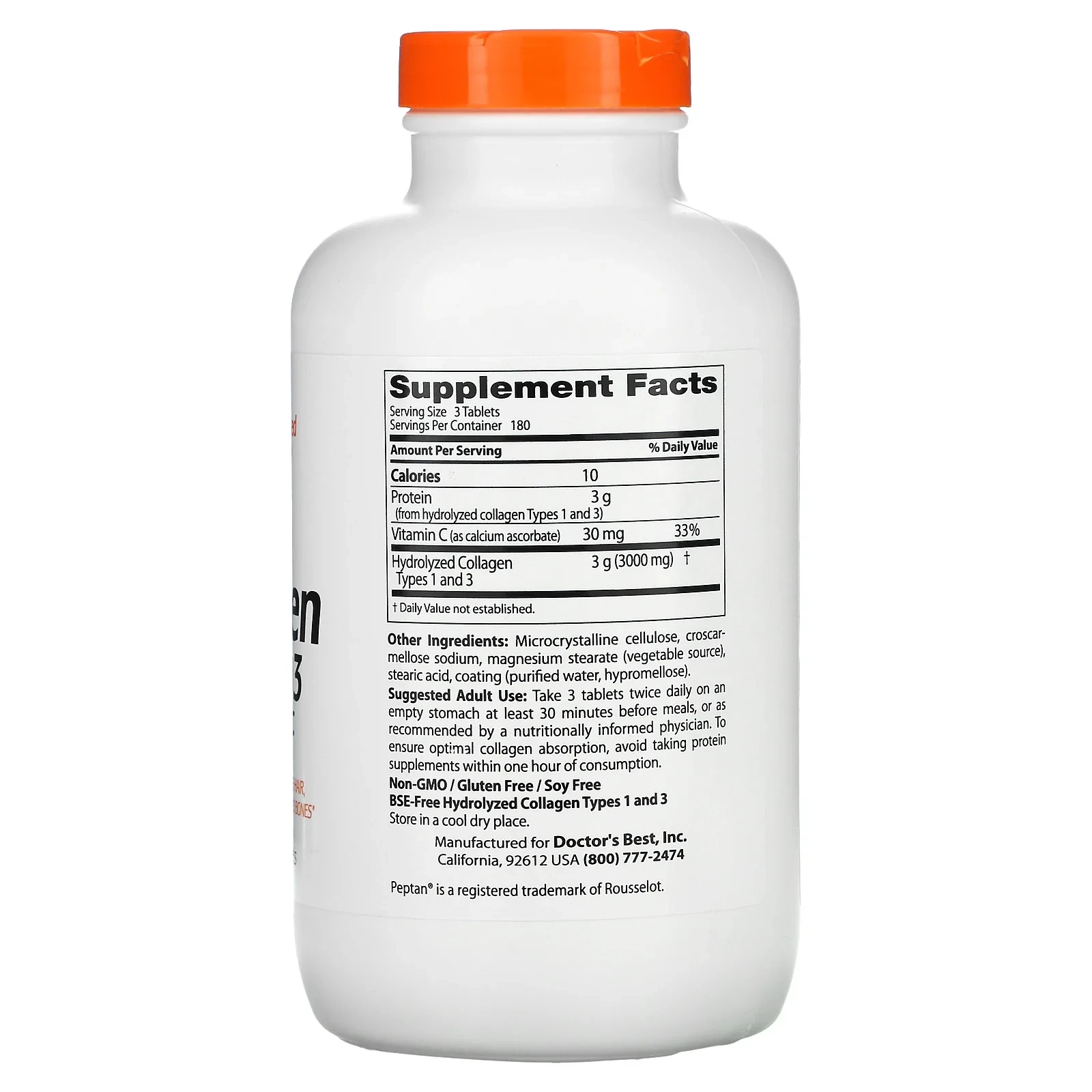 Collagen Types 1 and 3 with Peptan and Vitamin C, 180 Tablets