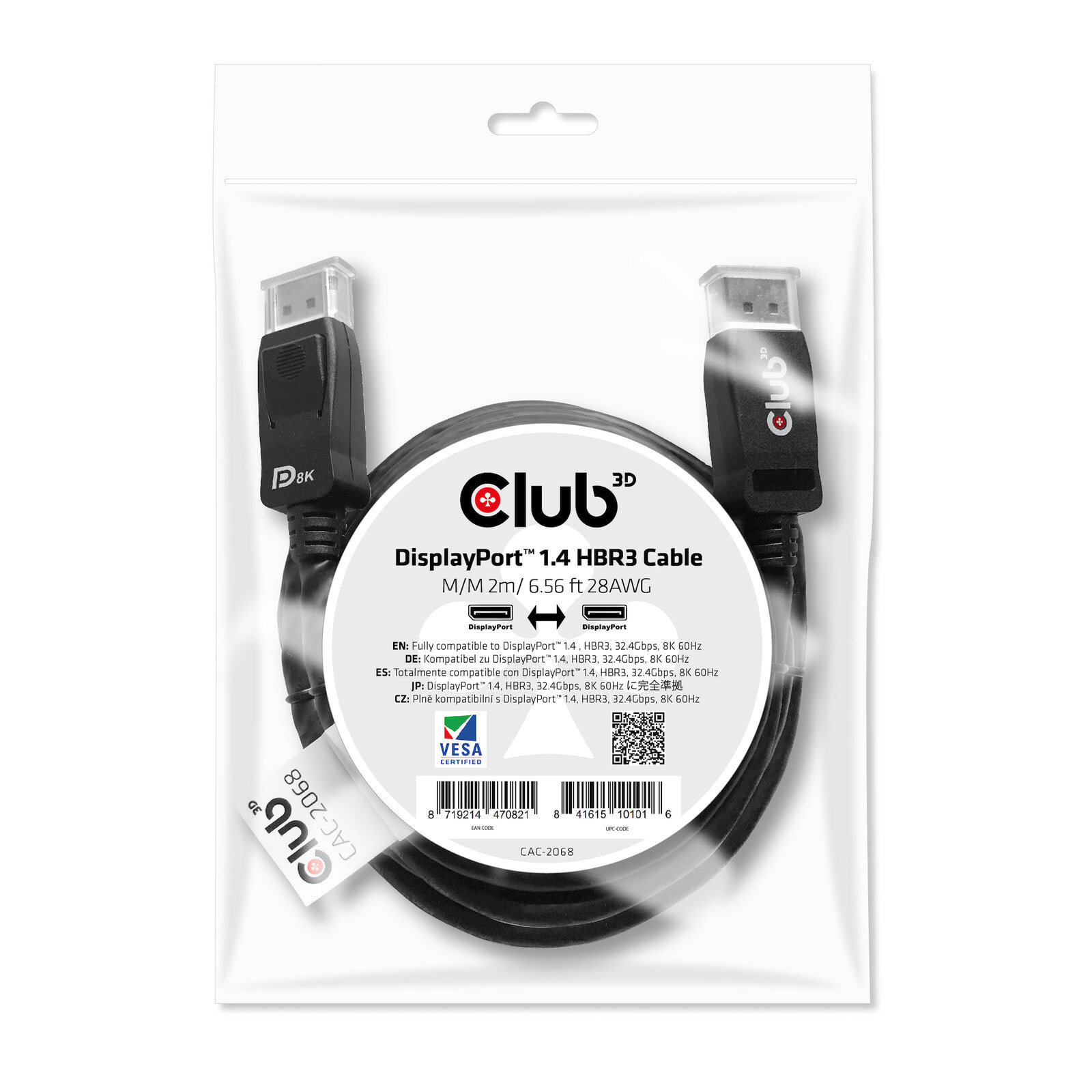 CLUB3D DisplayPort 1.4 HBR3 Cable 2m/6.56ft M/M 8K60Hz CAC-2068