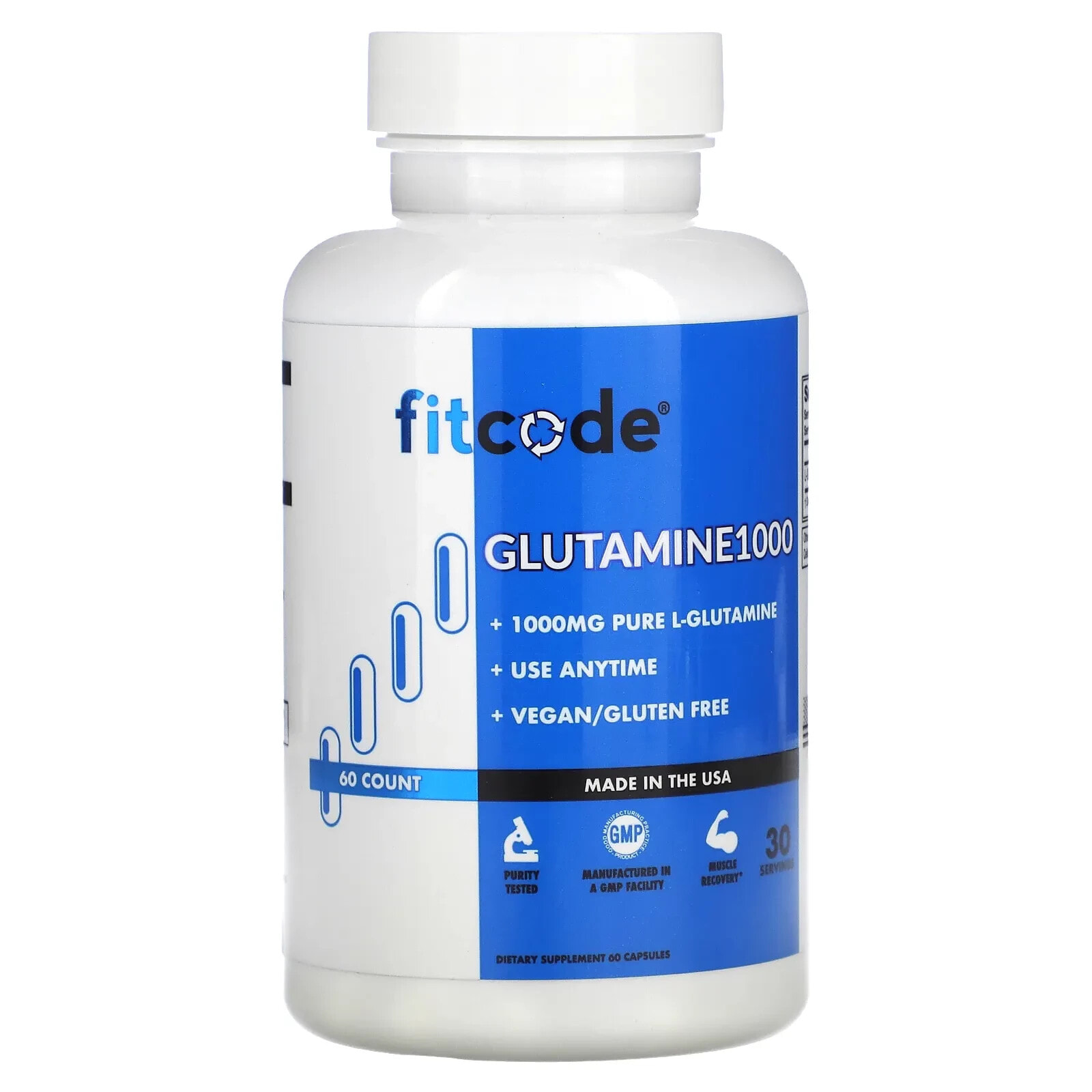 FITCODE, Глутамин1000, 500 мг, 60 капсул