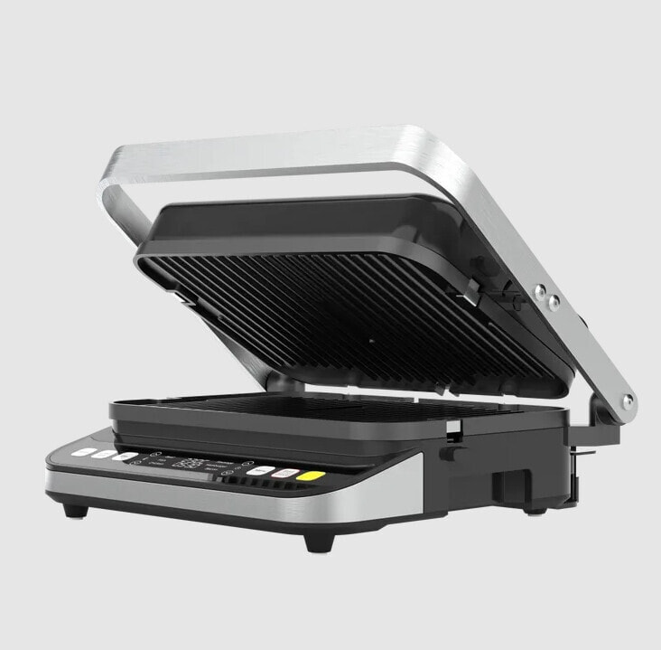 Contact grill;220-240V 2000W;Six program for beef, fish, chicken, sausage, humburg, baconReversible grill plate with non-stick coating; Brushed stainless steel housing;Grilis plate heating together or heating separately;embossed logo;1M juodas