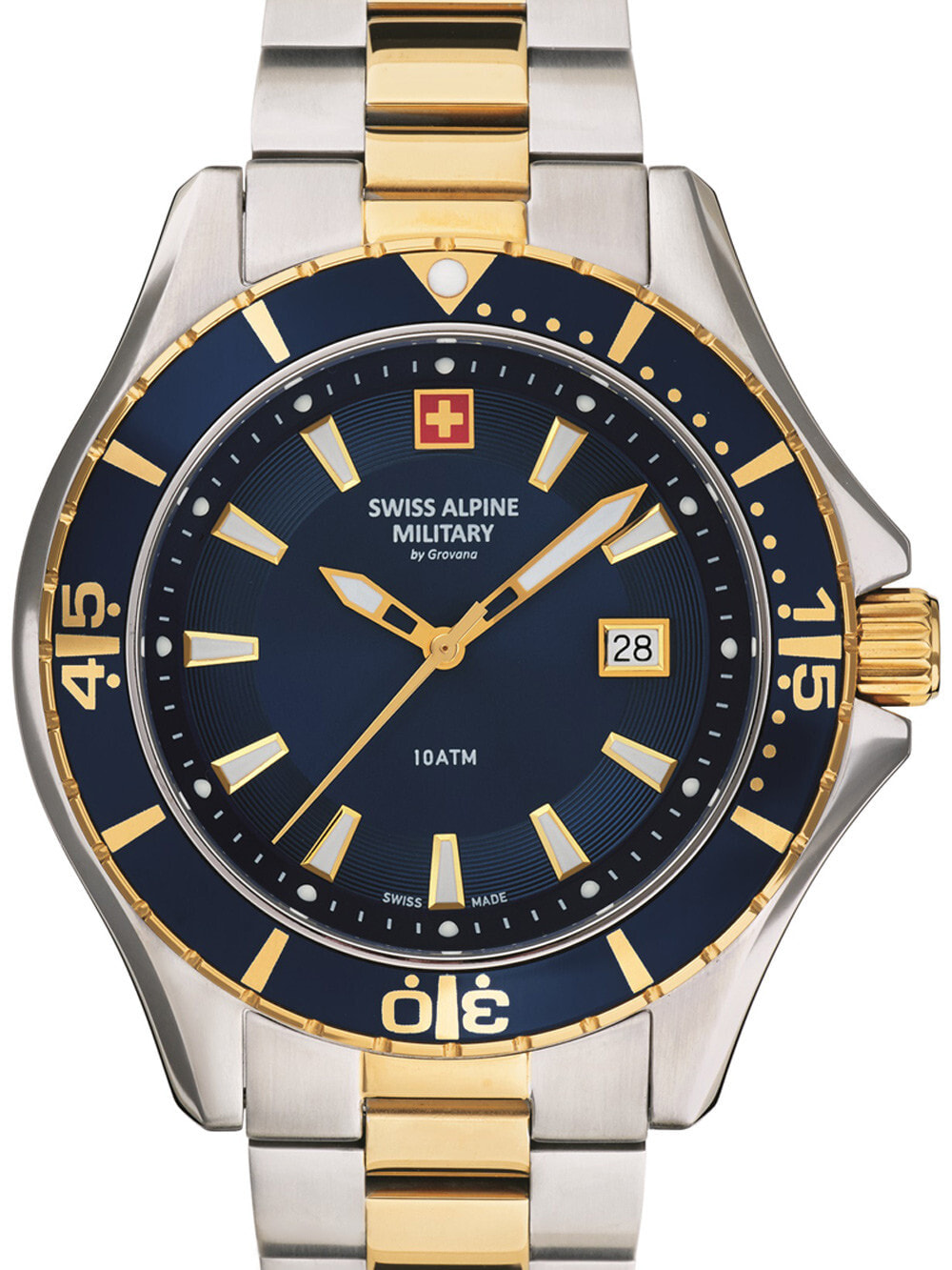 Мужские наручные часы с серебряным золотым браслетом Swiss Alpine Military 7040.1145 diver 45mm 10ATM