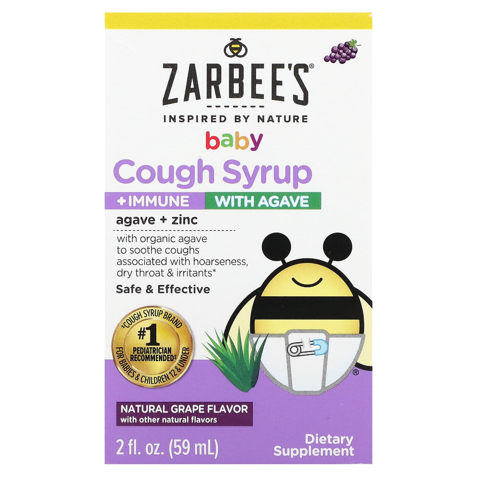 Zarbees, Naturals Baby, Cough Syrup + Immune with Agave, Natural Grape, 2 fl oz (59 ml)