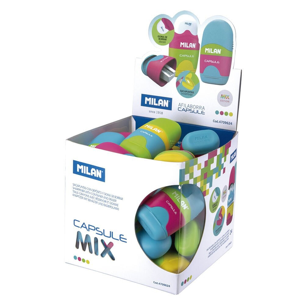 MILAN Display Cube 24 Erasers With Pencil Sharpener Capsule Mix