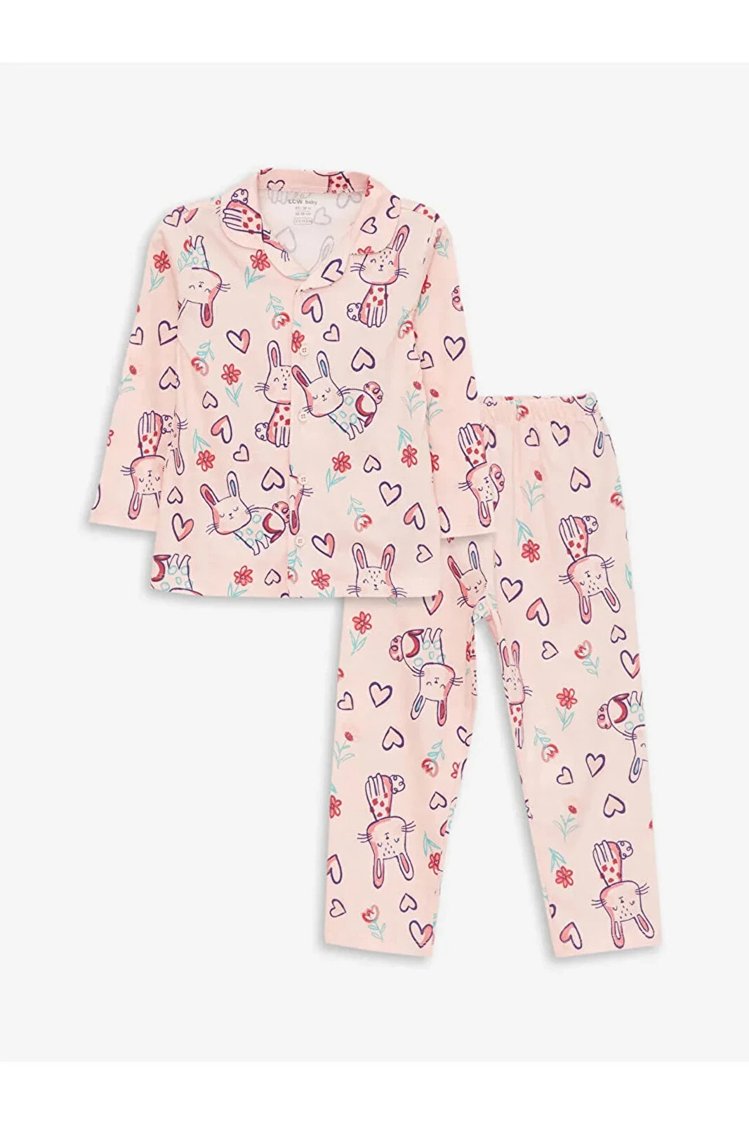 Polo Yaka Uzun Kollu Baskılı Kız Bebek Pijama Takımı