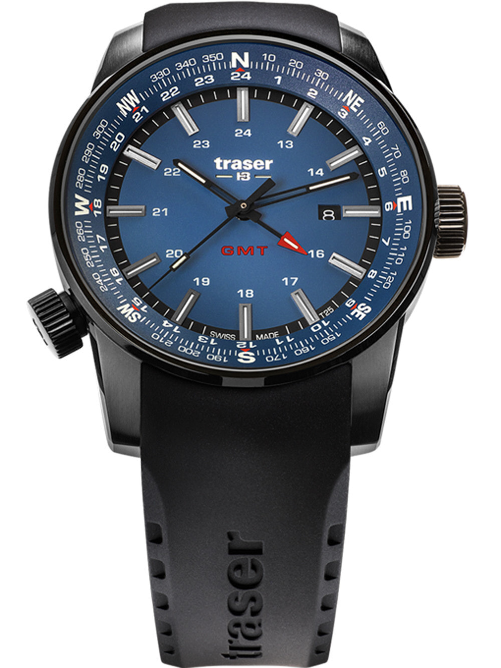 Мужские наручные часы с черным силиконовым ремешком Traser H3 109743 P68 Pathfinder GMT 46mm 10ATM