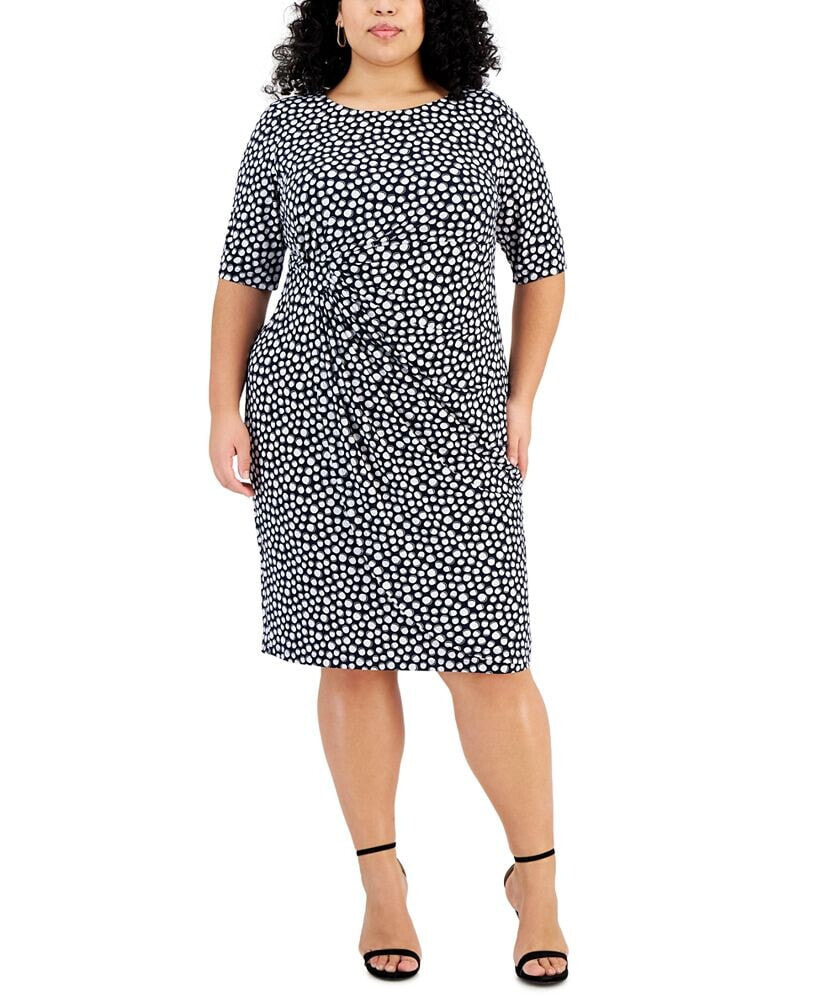 Connected plus Size Elbow-Sleeve Gathered Jersey Sheath Dress