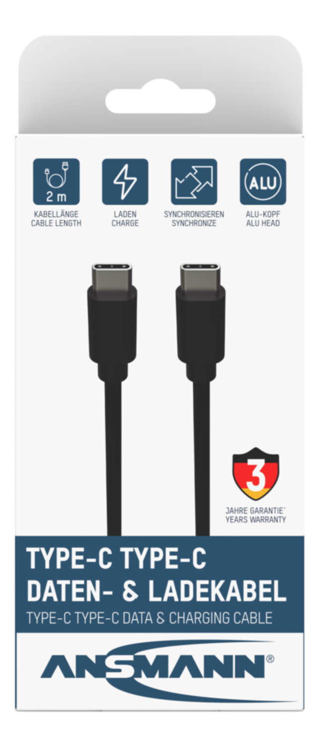 2 м, Тип USB C к типу USB C, Мужской/Мужской, Прямой, TPE, Черный