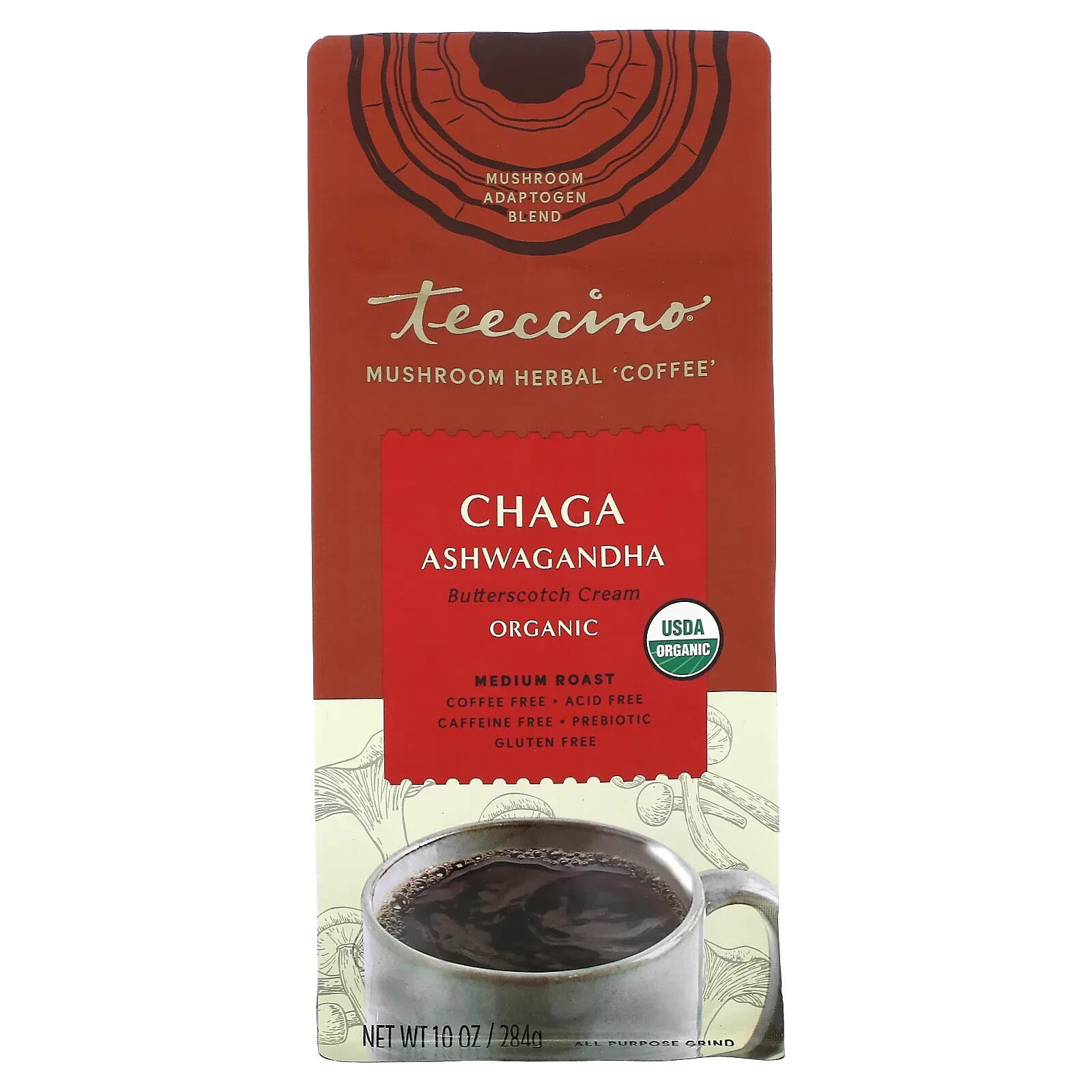 Teeccino, Травяной кофе с грибами, родиола из львиной гривы, средней обжарки, без кофеина, 284 г (10 унций)