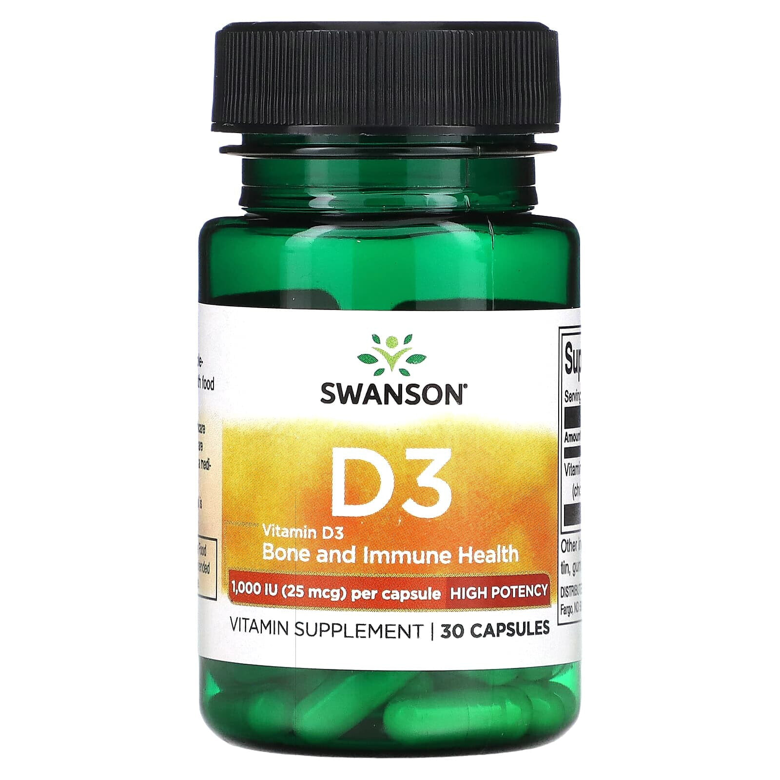 Swanson, Витамин D3, высокая эффективность, 1000 МЕ (25 мкг), 30 капсул