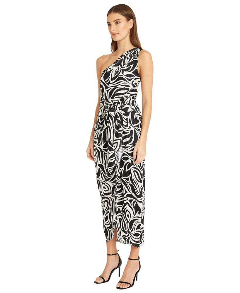 Donna Morgan women's Printed One-Shoulder Tie-Waist Dress