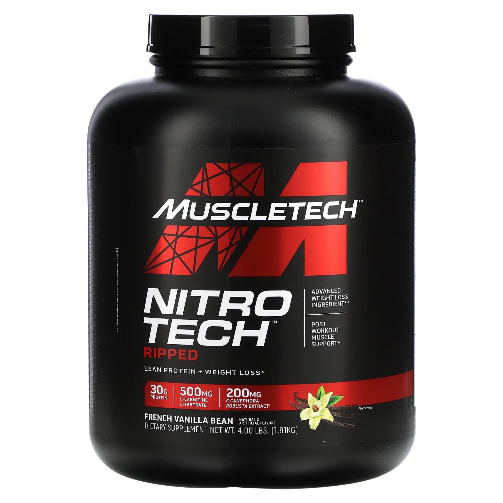 Nitro Tech Ripped, Lean Protein + Weight Loss, French Vanilla Bean, 4 lbs (1.81 kg)