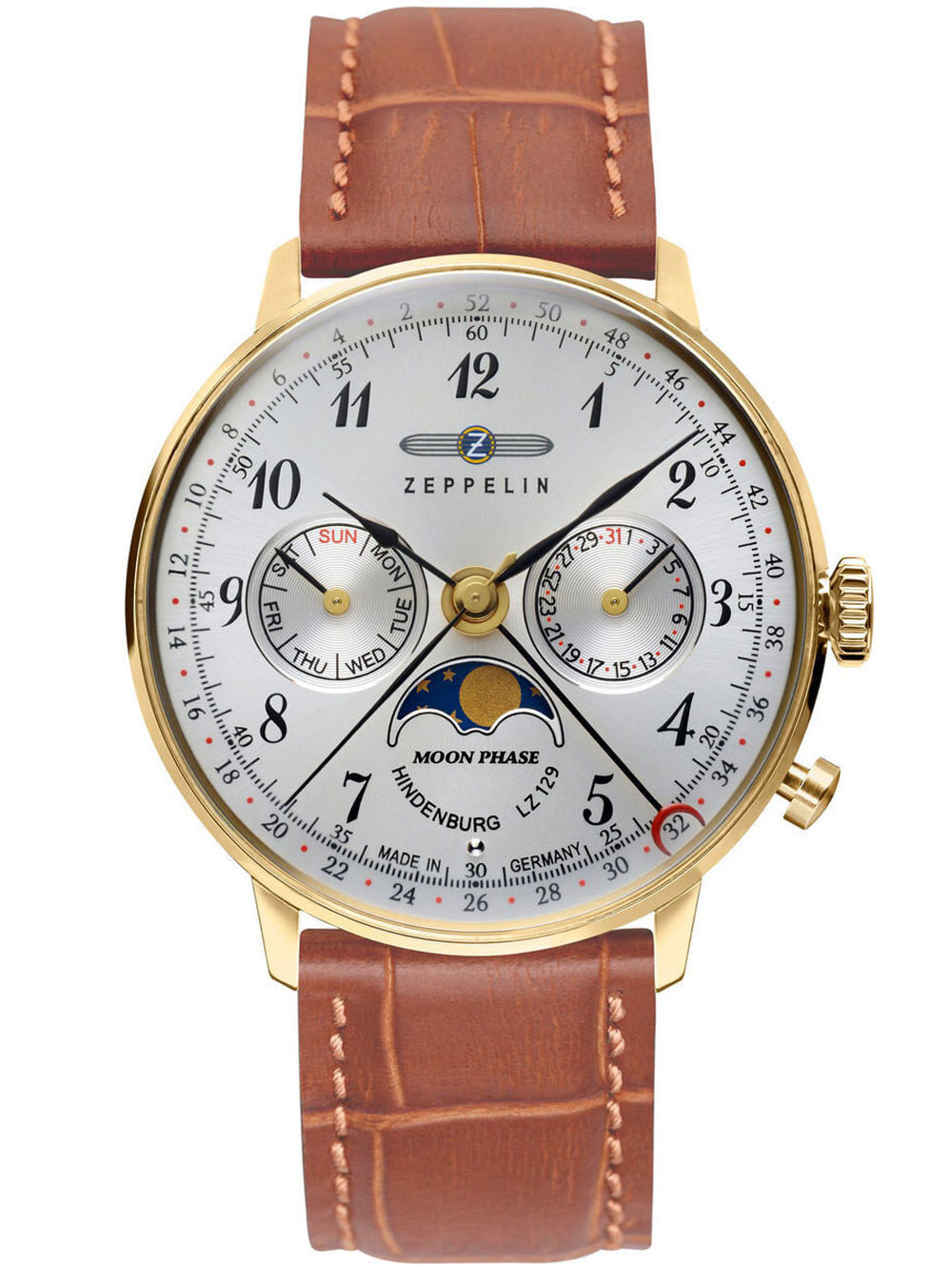 Мужские наручные часы с черным коричневым ремешком Zeppelin 7039-1 Hindenburg Moonphase 3 ATM 36 mm