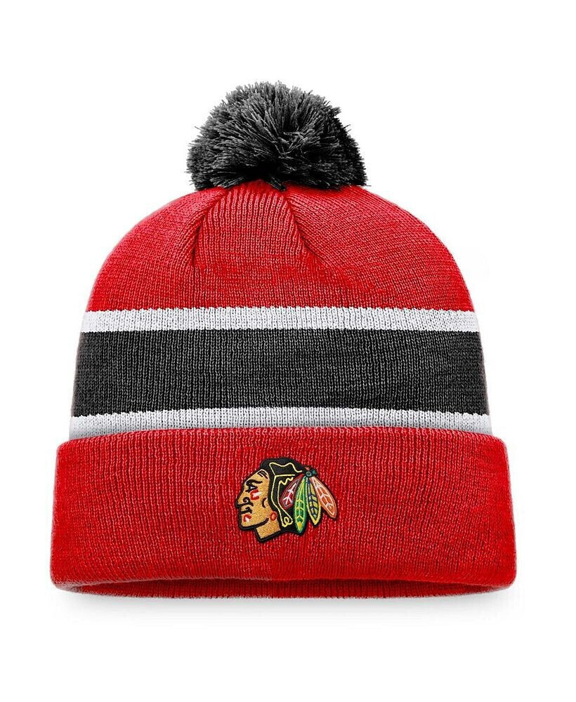 Men's Branded Red, Black Chicago Blackhawks Breakaway Cuffed Knit Hat with Pom