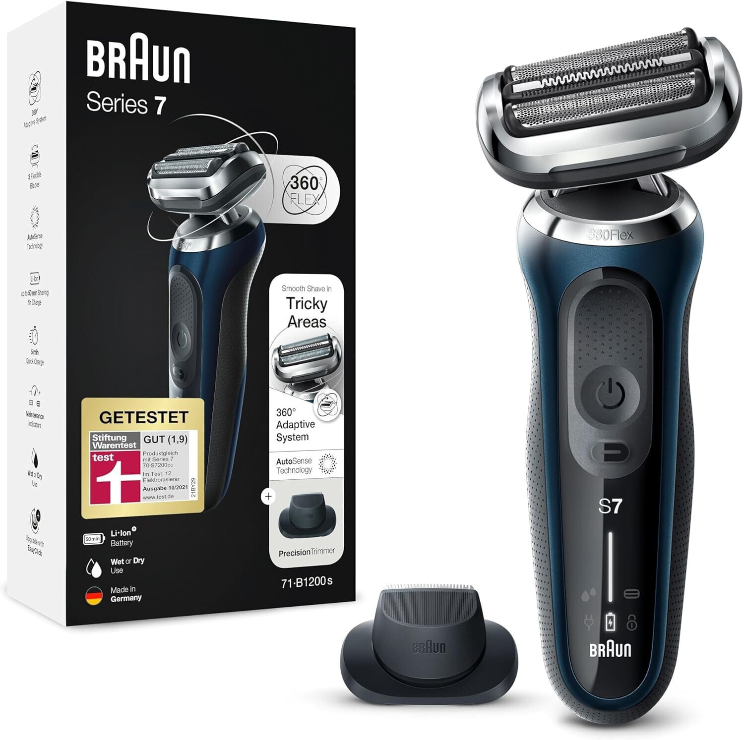 Braun Series 7 Men's Razor with EasyClick Attachment, Electric Shaver & Precision Trimmer, 360° Flex, Wet & Dry, Rechargeable & Wireless, Gift Man, 71-B1200s, Blue