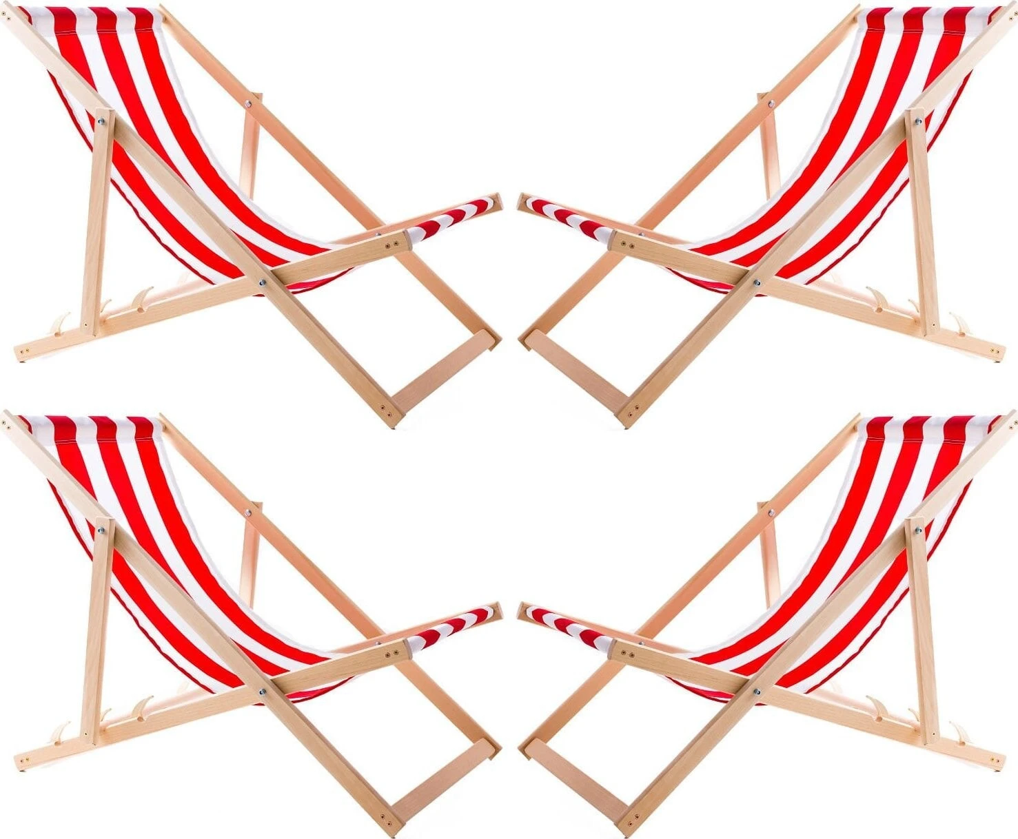 vidaXL Zestaw 4 lezaków, czerwone pasy, zmontowane, woodok