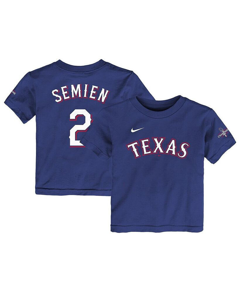Nike toddler Boys and Girls Marcus Semien Royal Texas Rangers 2023 World Series Champions Name and Number T-shirt