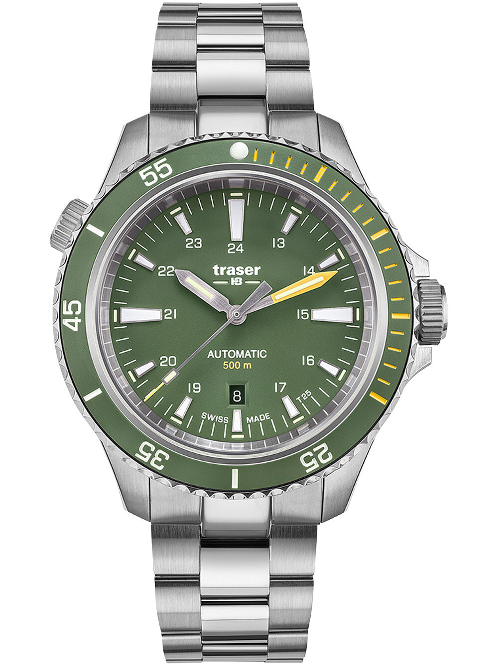 Мужские наручные часы с серебряным браслетом Traser H3 110325 P67 Diver Automatik Green Special Set 46mm 50ATM
