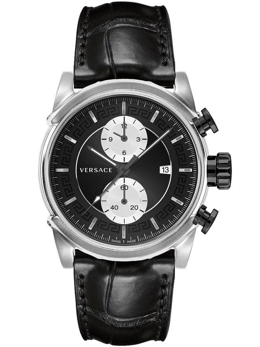 Мужские наручные часы с черным кожаным ремешком Versace VEV400119 Urban Chronograph 44mm 5ATM