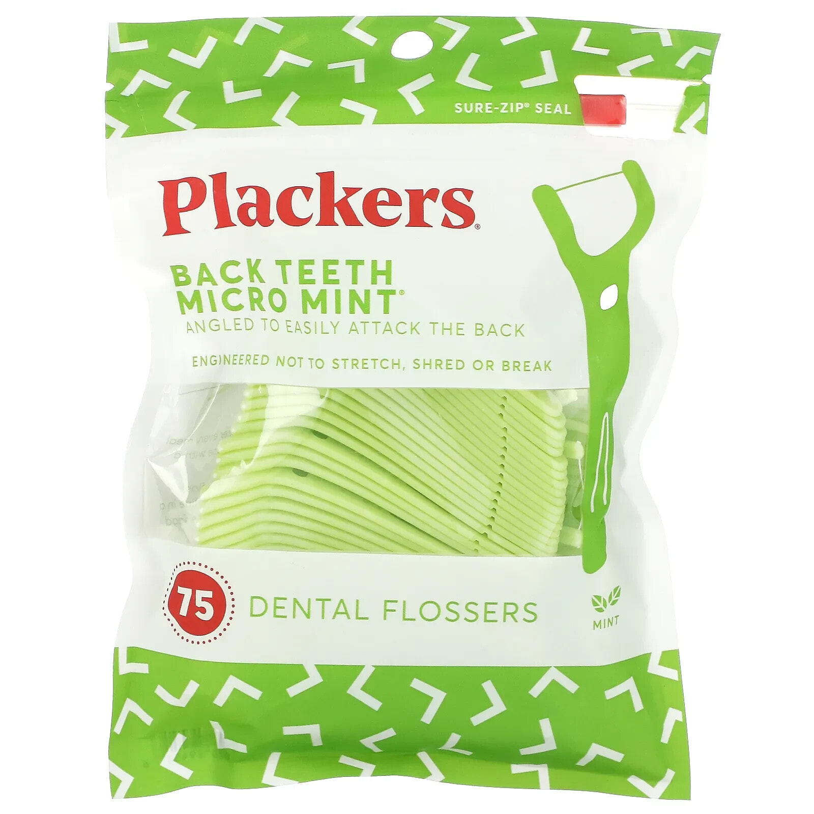 Плэкерс, Micro Mint, зубочистки с нитью для задних зубов, мята, 75 шт.