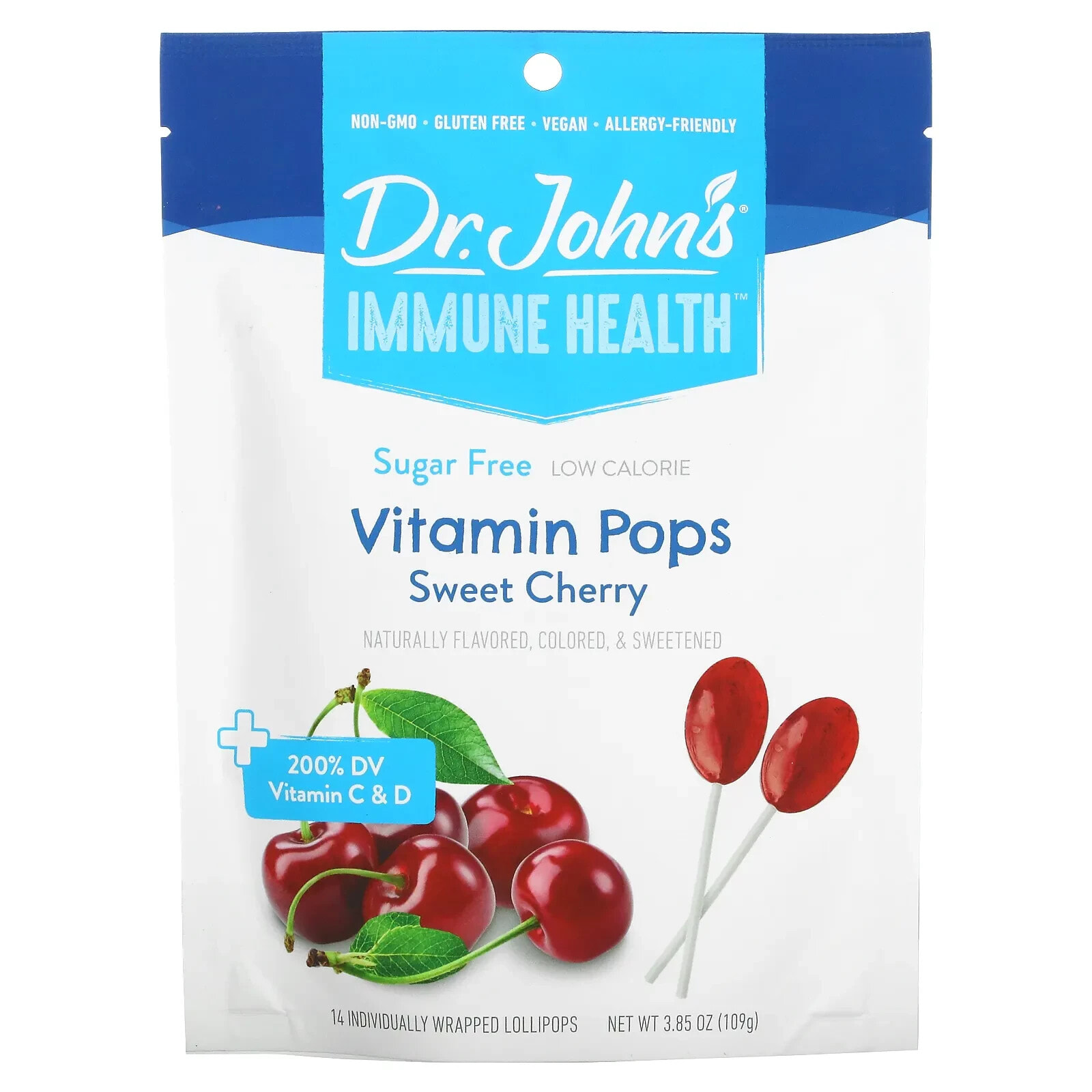 Dr. John's Healthy Sweets, Immune Health, леденцы со вкусом леденцов, + 200% суточной нормы витаминов C и D, черешня, без сахара, 14 леденцов на палочке в индивидуальной упаковке, 109 г (3,85 унции)