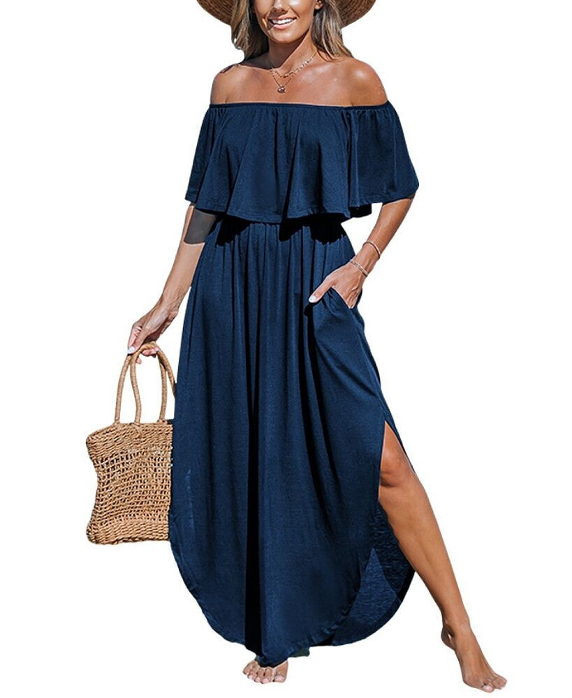 CUPSHE women's Navy Off-Shoulder Flounce Bodice Jersey Maxi Beach Dress