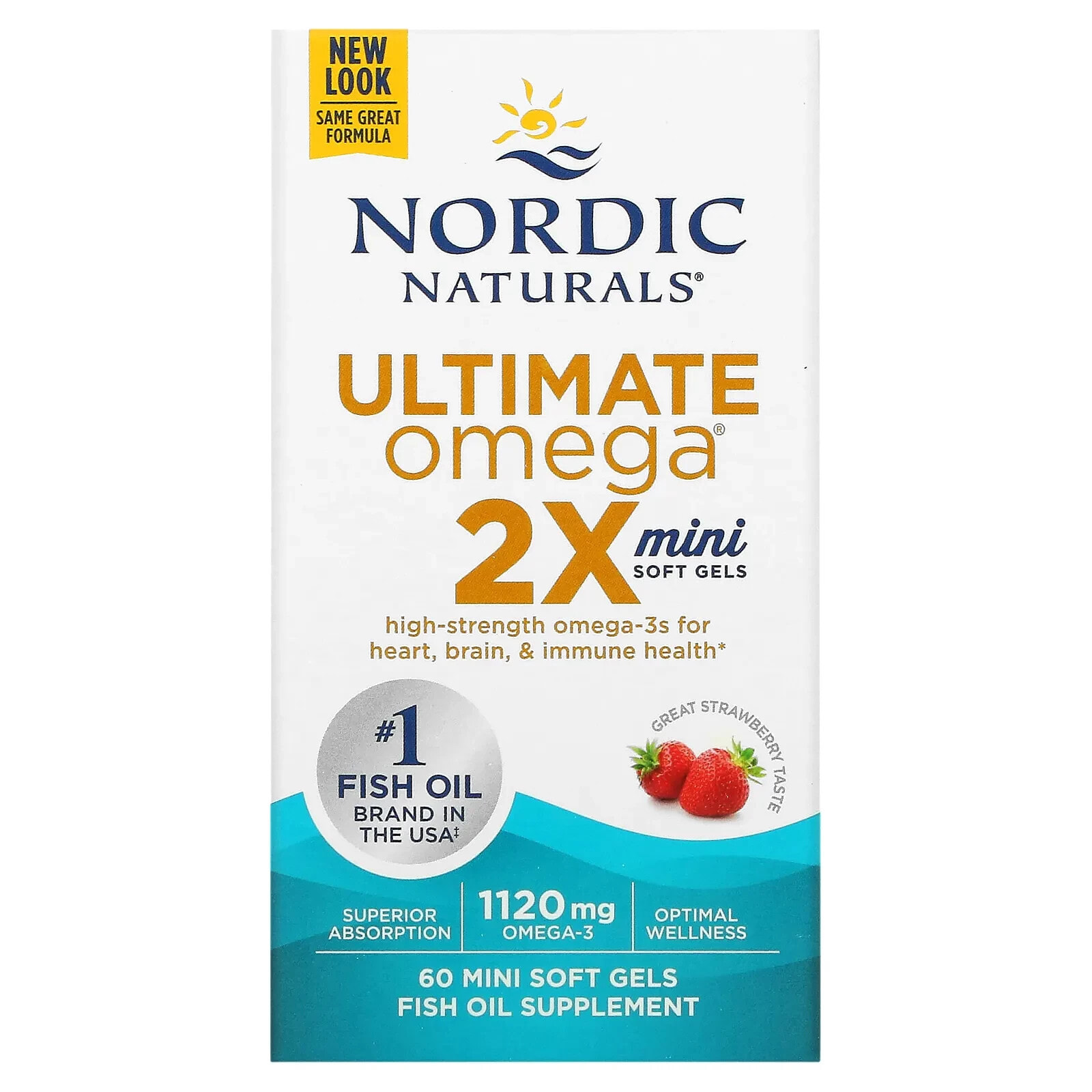 Нордик Натуралс, Ultimate Omega 2X, со вкусом клубники, 560 мг, 60 мини-капсул