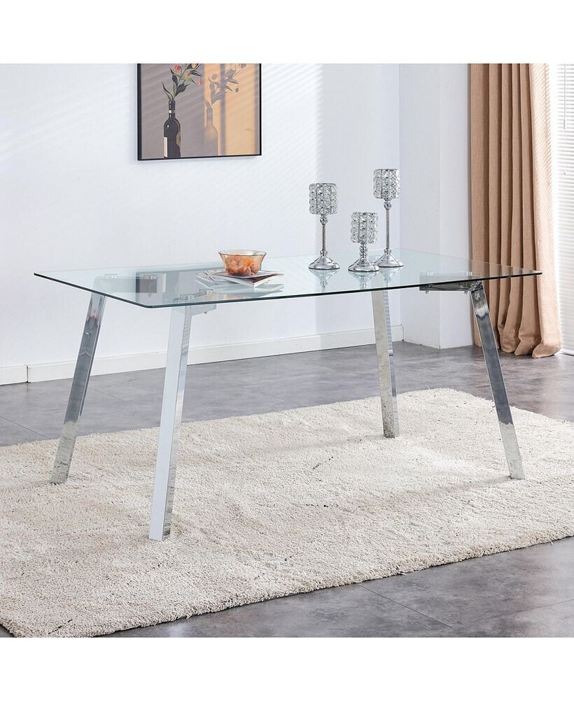 Simplie Fun a modern minimalist rectangular glass dining table with tempered glass tabletop and silver me