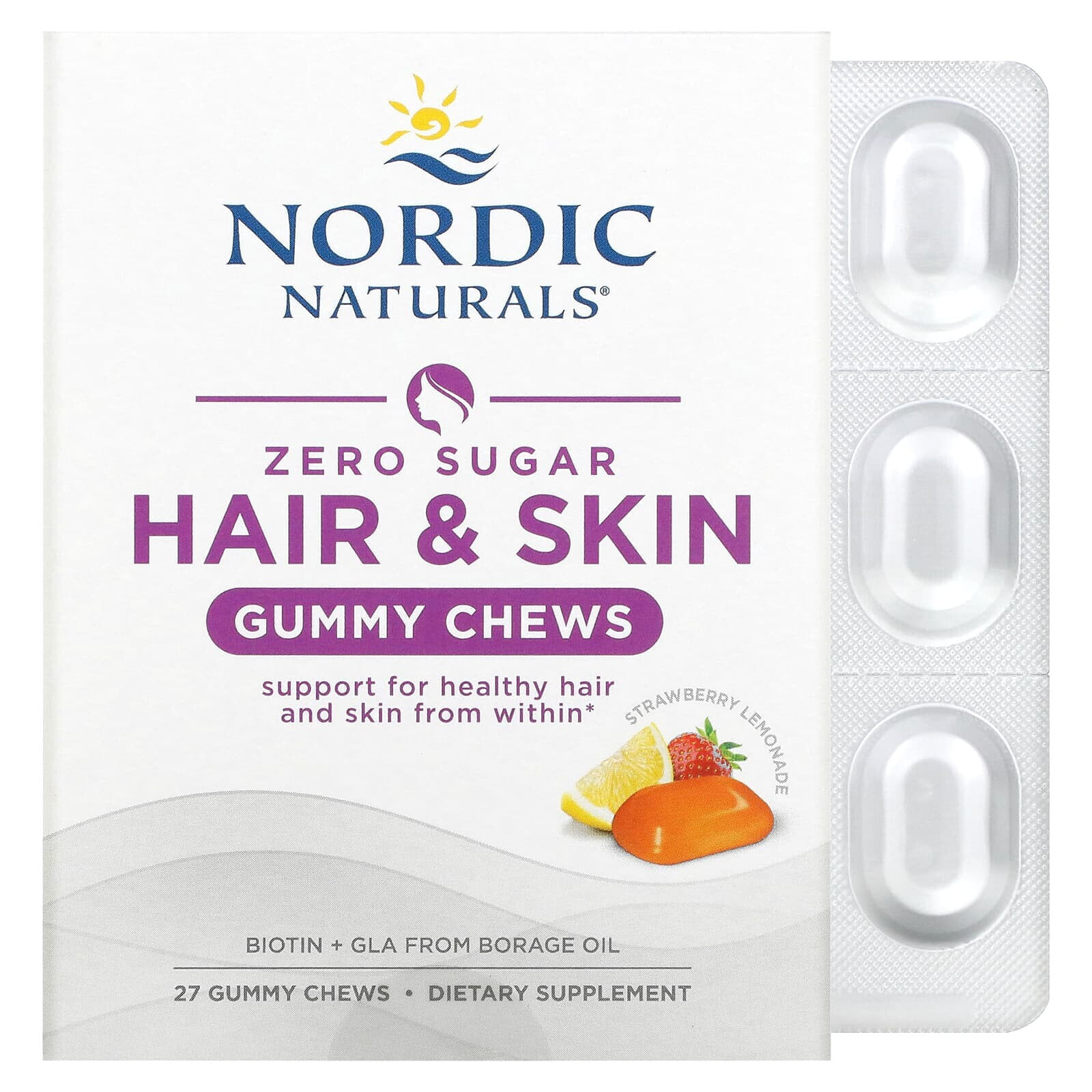 Нордик Натуралс, Zero Sugar Hair & Skin Gummy Chews, Strawberry Lemonade, 27 Gummy Chews