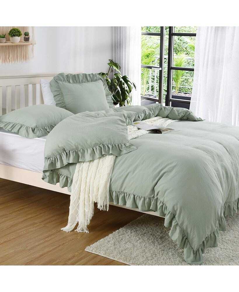 CAROMIO soft Washed Microfiber Ruffle Duvet Cover Set, Queen