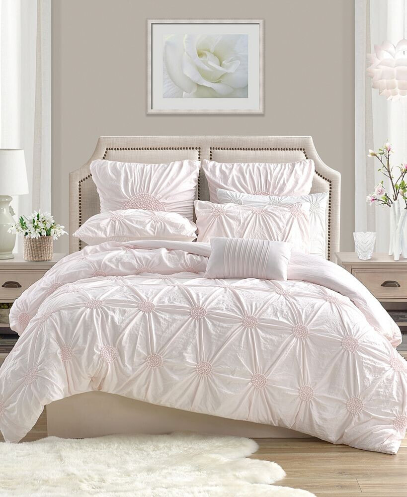 Cathay Home Inc. charming Ruched Rosette Duvet Cover Set - Full/Queen