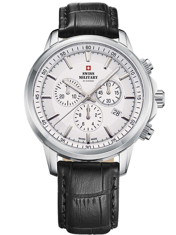 Мужские наручные часы с черным кожаным ремешком Swiss Military SM34052.09 Chronograph Sapphire 42mm 10 ATM