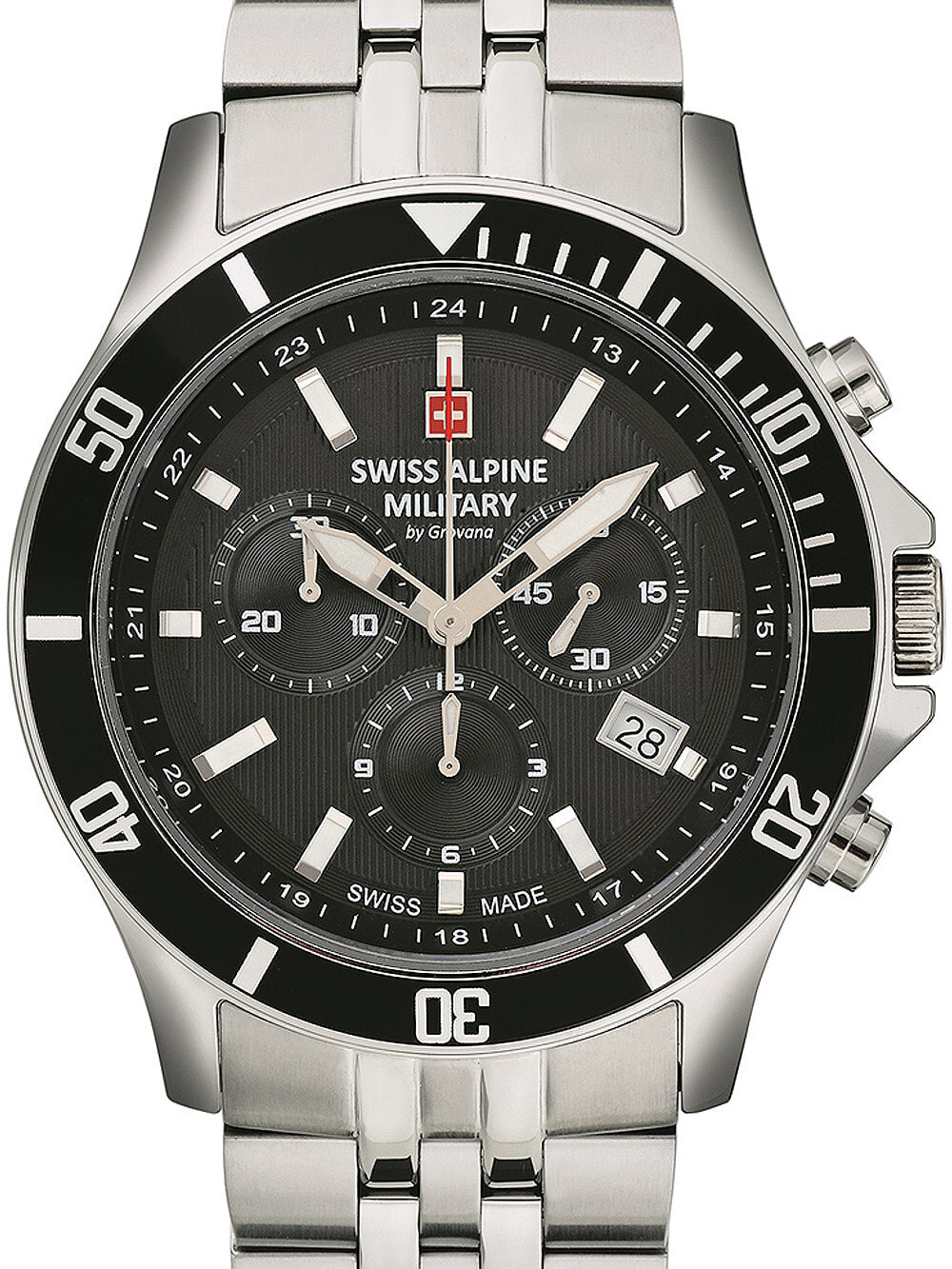 Мужские наручные часы с серебряным браслетом Swiss Alpine Military 7022.9137 chronograph 42mm 10ATM