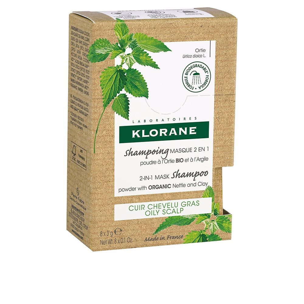 Klorane 2-IN-1 Mask Shampoo Маска-шампунь-порошок с органической крапивой и глиной для жирной кожи головы 8 x 3 г