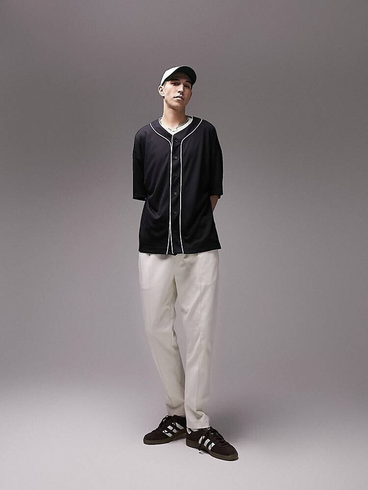 Topman – Schwarzes Baseball-T-Shirt in Oversize-Passform mit Paspelierung