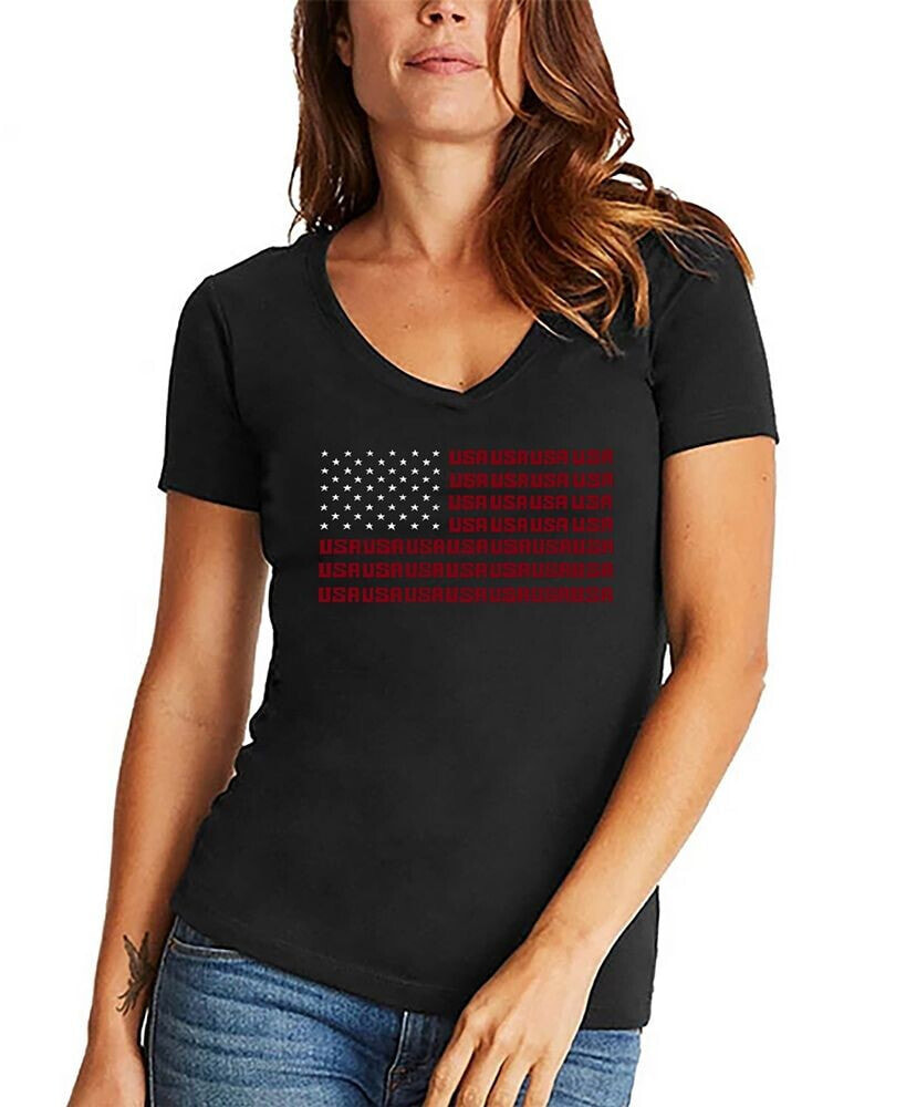 LA Pop Art women's V-neck Word Art USA Flag T-shirt